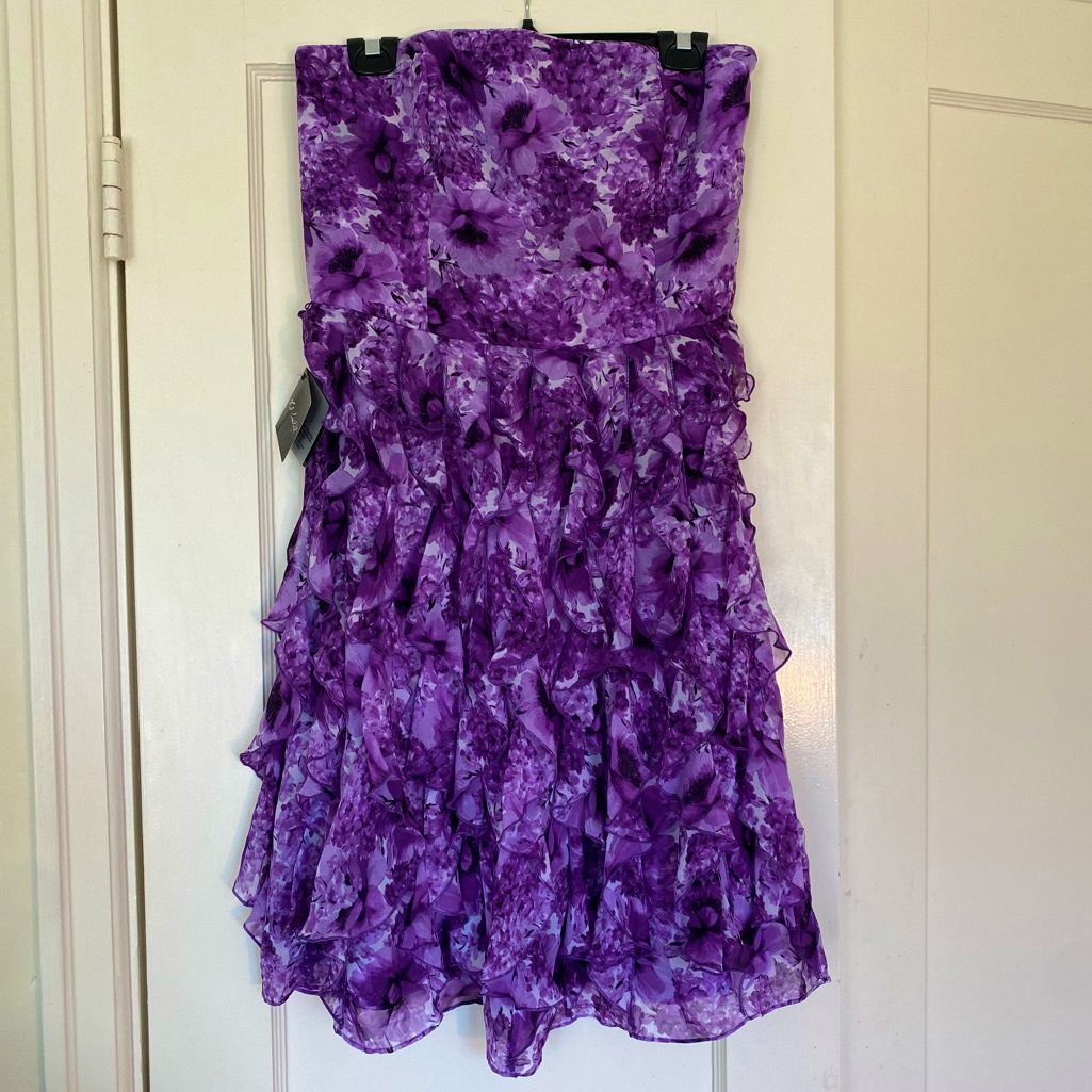 Nwt White House Black Market Strapless Purple Floral Dress With Ruffles, Sz 10.